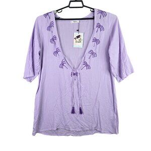 Womens Salty Lemon Purple Plunge Neck Tunic Blouse Short Sleeve Cover Up Size XL